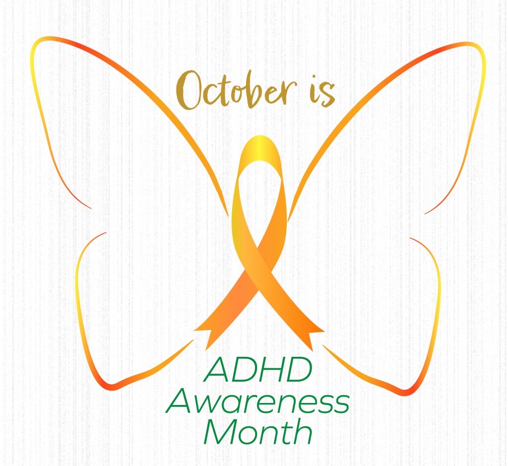 An orange ADHD Awareness ribbon folded into the shape of butterfly